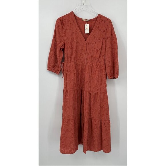 Marine Layer Willow eyelet dress mineral red shirt cotton midi pockets new Small - Picture 2 of 6